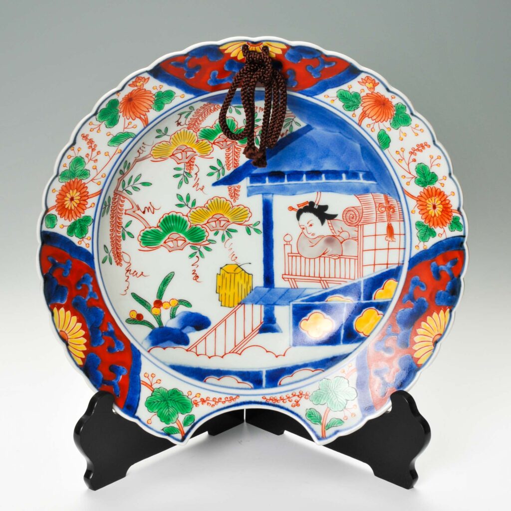 染錦楼閣美人図髭皿